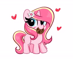 Size: 4096x3311 | Tagged: safe, artist:kittyrosie, oc, oc only, oc:rosa flame, pony, unicorn, blushing, chocolate, cookie, cute, food, high res, horn, mouth hold, ocbetes, simple background, solo, unicorn oc, white background