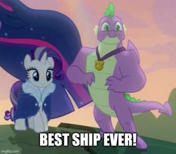 Size: 572x500 | Tagged: safe, edit, edited screencap, screencap, rarity, spike, twilight sparkle, alicorn, dragon, pony, unicorn, g4, the last problem, best ship, best ship ever, caption, cropped, duo focus, female, gigachad spike, image macro, imgflip, male, mare, medal, offscreen character, older, older rarity, older spike, older twilight, older twilight sparkle (alicorn), princess twilight 2.0, ship:sparity, shipping, skunk stripe, smiling, straight, sunset, text, twilight sparkle (alicorn), winged spike, wings