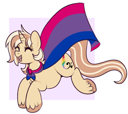 Size: 704x628 | Tagged: safe, artist:lulubell, oc, oc only, oc:lulubell, bisexual, bisexual pride flag, cape, clothes, eyes closed, freckles, happy, leaping, open mouth, passepartout, pride, pride flag, smiling