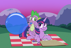 Size: 4670x3122 | Tagged: safe, artist:rupert, spike, twilight sparkle, alicorn, dragon, pony, g4, balloon, blowing up balloons, book, commission, commissioner:puffydearlysmith, cute, earbuds, female, listening to music, mare, music player, party balloon, picnic blanket, reading, spikabetes, that dragon sure does love balloons, that pony sure does love balloons, twiabetes, twilight sparkle (alicorn), walkman, winged spike, wings