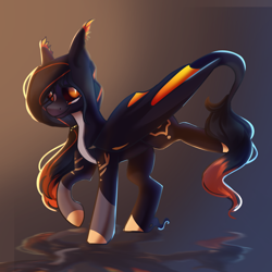 Size: 2048x2048 | Tagged: safe, artist:neonbugzz, pony, abstract background, bat wings, full body, high res, long hair, ponytail, smiling, solo, wings