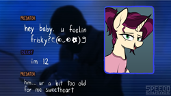 Size: 1920x1080 | Tagged: safe, artist:pinkberry, artist:speedosausage, edit, oc, oc only, oc:mulberry merlot, pony, unicorn, female, implied pedophilia, mare, mulberry is a foalslut, text, to catch a predator