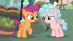 Size: 1280x720 | Tagged: safe, screencap, cozy glow, scootaloo, g4, marks for effort, food, pear