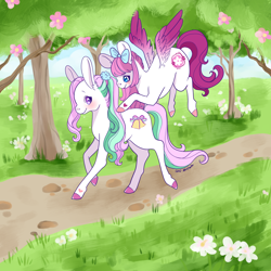 Size: 1800x1800 | Tagged: safe, artist:kirakiracalico, oc, oc only, earth pony, pegasus, pony, bow, colored hooves, duo, earth pony oc, flower, flying, hair bow, outdoors, pegasus oc, signature, smiling, tree, wings