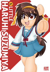 Size: 3499x5000 | Tagged: safe, artist:partypievt, semi-anthro, absurd resolution, anime, arm hooves, book cover, bow, clothes, cover, crossover, eye clipping through hair, eyebrows, eyebrows visible through hair, female, frog (hoof), japanese school uniform, looking at you, manga, mare, melancholy of haruhi suzumiya, ponified, ribbon, school uniform, skirt, solo, suzumiya haruhi, underhoof