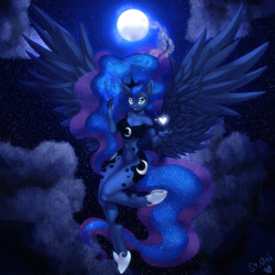 Size: 5312x5311 | Tagged: safe, artist:st. oni, princess luna, alicorn, anthro, unguligrade anthro, g4, abs, bottomless, clothes, cloud, colored, female, full body, heart, moon, night, partial nudity, sky, solo, spread wings, wings