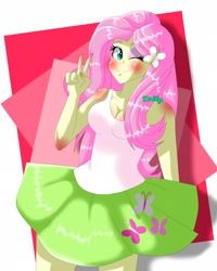 Size: 1638x2048 | Tagged: safe, artist:dollybrownpigtails, fluttershy, equestria girls, g4, abstract background, blushing, breasts, cleavage, clothes, cutie mark, cutie mark on clothes, eyelashes, female, hairclip, one eye closed, paraskirt, peace sign, skirt, solo, wink