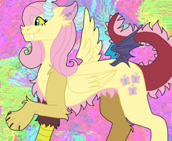 Size: 1080x885 | Tagged: safe, alternate version, artist:teacreationss, discord, fluttershy, draconequus, g4, abstract background, draconequified, ear fluff, female, flutterequus, fusion, fusion:discord, fusion:fluttershy, smiling, solo, species swap