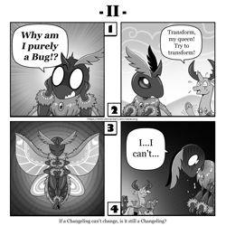Size: 1200x1200 | Tagged: safe, artist:vavacung, pharynx, queen chrysalis, thorax, changedling, changeling, insect, moth, comic:out of chrysalis, g4, comic, female, frog (hoof), king thorax, species swap, sweat, sweatdrops, underhoof