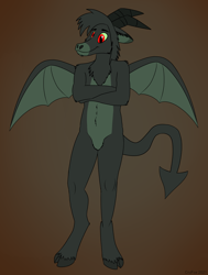 Size: 2140x2838 | Tagged: safe, artist:crusierpl, oc, oc only, oc:jersey devil (shawn keller), goat, anthro, unguligrade anthro, guardians of pondonia, cloven hooves, colored sclera, community related, crossed arms, front view, gradient background, hair, high res, horns, jersey devil, male, margarita paranormal, red eyes, smiling, solo, spread wings, standing, tail, unshorn fetlocks, webbed wings, wings