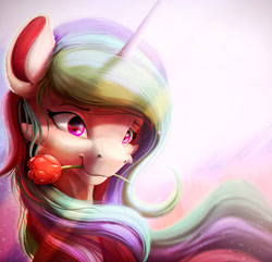Size: 1672x1609 | Tagged: safe, artist:itssim, princess celestia, alicorn, pony, g4, bust, cheek fluff, crepuscular rays, female, flower, flower in mouth, mare, mouth hold, portrait, smiling, solo, three quarter view