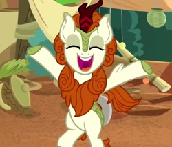 Size: 840x715 | Tagged: safe, screencap, autumn blaze, kirin, g4, sounds of silence, arms in the air, bipedal, cropped, eyes closed, happy, mawshot, open mouth, open smile, smiling, solo, uvula