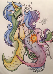 Size: 692x960 | Tagged: safe, artist:mint0swirl, princess celestia, alicorn, mermaid, merpony, pony, seapony (g4), g4, crown, dorsal fin, female, fish tail, flowing mane, flowing tail, horn, jewelry, looking at you, mermaidized, multicolored hair, regalia, sealestia, seaponified, seapony celestia, signature, simple background, smiling, solo, species swap, tail, white background