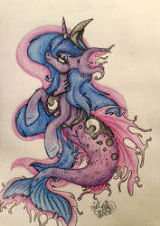 Size: 680x960 | Tagged: safe, artist:mint0swirl, princess luna, alicorn, mermaid, merpony, pony, g4, blue mane, colored pupils, crown, dorsal fin, female, fish tail, flowing mane, flowing tail, horn, jewelry, looking up, mermaidized, regalia, seapony luna, signature, simple background, smiling, solo, species swap, tail, white background