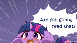 Size: 3200x1800 | Tagged: safe, artist:symbianl, edit, twilight sparkle, pony, unicorn, adorable distress, angry dog noises, blushing, book, cheek fluff, crying, cute, dialogue, distressed, ear fluff, female, floppy ears, fluffy, hair, high res, horn, leg fluff, mare, meme, open mouth, solo, speech bubble, teary eyes, that pony sure does love books, twiabetes, unicorn twilight