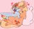 Size: 2048x1739 | Tagged: source needed, safe, artist:coonyloony, applejack, rainbow dash, earth pony, pegasus, pony, g4, accessory swap, blushing, cuddling, female, heart, lesbian, mare, pillow, pink background, ship:appledash, shipping, simple background, snuggling