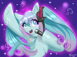 Size: 1353x1000 | Tagged: safe, artist:nedemai, kotobukiya, earth pony, pony, anime, crossover, dancing, female, hatsune miku, headphones, kotobukiya hatsune miku pony, microphone, necktie, ponified, singing, solo, vocaloid