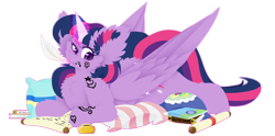 Size: 2418x1198 | Tagged: safe, artist:vanillaswirl6, twilight sparkle, alicorn, pony, g4, book, cheek fluff, chest fluff, ear fluff, ink, inkwell, pillow, quill, quill pen, scroll, simple background, solo, tongue out, transparent background, twilight sparkle (alicorn)