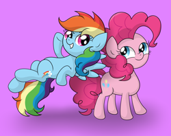 Size: 5045x3988 | Tagged: safe, artist:background basset, pinkie pie, rainbow dash, earth pony, pegasus, pony, g4, absurd resolution, duo, duo female, female, flying, grin, mare, purple background, simple background, smiling, spread wings, wings