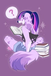 Size: 800x1200 | Tagged: safe, artist:swaybat, twilight sparkle, dog, anthro, digitigrade anthro, g4, book, clothes, furrified, furry, midriff, paws, question mark, reading, shorts, solo, tank top