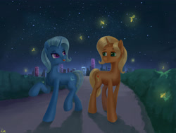 Size: 4724x3543 | Tagged: safe, artist:lin feng, sunflower spectacle, trixie, pony, unicorn, g4, absurd resolution, concave belly, female, glowworm, like mother like daughter, like parent like child, mare, mother and child, mother and daughter, night, stars