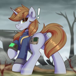 Size: 1750x1750 | Tagged: safe, artist:shadowreindeer, oc, oc only, oc:littlepip, pony, unicorn, fallout equestria, brown hair, butt, clothes, cutie mark, dock, exclamation point, eye clipping through hair, eyelashes, featureless crotch, female, green eyes, jumpsuit, looking at you, looking back, looking back at you, mane, outdoors, pipbuck, pipbutt, plot, raised hoof, rear view, solo, standing, tail, vault suit, wasteland