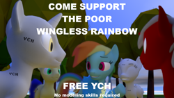 Size: 1280x720 | Tagged: safe, artist:edward256, rainbow dash, oc, oc:blank check, oc:philip, earth pony, pegasus, pony, unicorn, fanfic:cupcake chronicles, g4, 3d, advertisement, any gender, blender, blender cycles, clothes, commission, earth pony oc, grin, hoodie, horn, outdoors, pegasus oc, smiling, source filmmaker, unicorn oc, unlimited ych, wingless, wingless rainbow dash, ych example, your character here