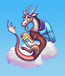 Size: 1900x2215 | Tagged: safe, artist:alikarex, discord, draconequus, g4, cloud, flying, high res, horns, male, red eyes, simple background, sky, solo, tail, wings, yellow eyes, yellow sclera