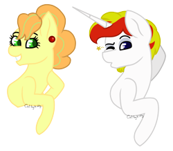 Size: 1342x1170 | Tagged: safe, artist:calibykitty, oc, oc:apple needle, oc:lucky charm, earth pony, pony, unicorn, ear piercing, earring, jewelry, looking at you, one eye closed, piercing, smiling, wink, winking at you