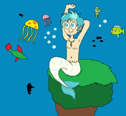 Size: 1670x1538 | Tagged: safe, artist:ocean lover, terramar, fish, human, jellyfish, merboy, merman, g4, armpits, belly button, bubble, humanized, jewelry, looking up, male, mermaid lovers, mermaidized, mermanized, mermay, necklace, ocean, sitting, species swap, tail, underwater