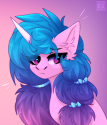 Size: 2218x2592 | Tagged: safe, artist:elektra-gertly, izzy moonbow, pony, unicorn, g5, alternate hairstyle, ear fluff, female, gradient background, high res, looking away, mare, sad, simple background, solo