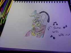 Size: 1280x960 | Tagged: safe, artist:dougtheloremaster, part of a set, discord, fluttershy, draconequus, pegasus, pony, g4, don't stop believing, duo, female, hug, journey (band), male, music notes, part of a series, pencil, pencil drawing, photo, scene interpretation, sketchpad, song reference, traditional art