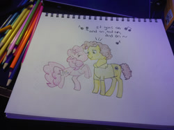 Size: 1280x960 | Tagged: safe, artist:dougtheloremaster, part of a set, cheese sandwich, pinkie pie, earth pony, pony, g4, cheek kiss, don't stop believing, eyes closed, female, journey (band), kissing, male, part of a series, pencil, pencil drawing, photo, ship:cheesepie, shipping, sketchpad, smiling, song reference, straight, traditional art