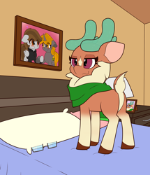 Size: 3302x3837 | Tagged: safe, artist:mrneo, cashmere (tfh), oc, oc:nuclear fusion, oc:penny page, them's fightin' herds, bed, bed frame, clothes, community related, glasses, high res, indoors, lamp, nightstand, on bed, picture frame, pillow, scarf, solo
