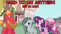 Size: 2064x1161 | Tagged: safe, artist:not-yet-a-brony, big macintosh, cheerilee, marble pie, sugar belle, earth pony, pony, unicorn, g4, hard to say anything, 2021, awkward, episode reference, female, friends, friendship, husband and wife, male, mare, ponyville, stallion, uh oh, youtube link in the description