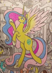 Size: 2133x2976 | Tagged: safe, artist:x-fang-z, princess gold lily, alicorn, pony, bipedal, disco ball, ethereal mane, female, high res, mare, party, traditional art, wings