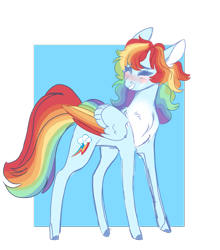 Size: 1579x1794 | Tagged: safe, artist:scarletskitty12, rainbow dash, pegasus, pony, g4, abstract background, blushing, chest fluff, colored hooves, colored wings, cute, dashabetes, ear fluff, eyes closed, facial markings, female, mare, multicolored wings, pale belly, rainbow wings, simple background, smiling, solo, tall, transparent background, wings