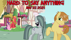 Size: 2064x1161 | Tagged: safe, anonymous artist, big macintosh, feather bangs, marble pie, sugar belle, earth pony, pony, g4, hard to say anything, blushing, boyfriend and girlfriend, confused, crush, episode reference, female, husband and wife, male, marblebangs, pair the spares, ponyville, ship:sugarmac, shipper on deck, shipping, smiling, straight, youtube link in the description