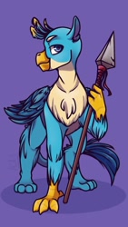 Size: 640x1136 | Tagged: safe, artist:aca-4, gallus, griffon, g4, chest fluff, looking at you, male, profile, purple background, simple background, solo, spear, weapon