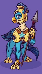 Size: 640x1136 | Tagged: safe, alternate version, artist:aca-4, gallus, griffon, g4, the last problem, armor, helmet, looking at you, male, profile, purple background, royal guard, royal guard gallus, simple background, solo, spear, weapon