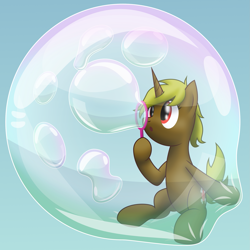 Size: 2501x2500 | Tagged: safe, artist:bladedragoon7575, oc, oc only, oc:funny bones, pony, unicorn, blowing bubbles, bubble, female, floating, high res, horn, in bubble, mare, solo, unicorn oc