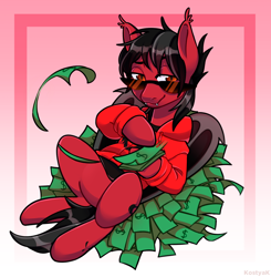 Size: 2700x2750 | Tagged: safe, artist:kostyak, bat pony, pony, bat wings, clothes, commission, dollar, ear fluff, fall out boy, fangs, folded wings, high res, hoodie, lidded eyes, lying down, male, messy mane, messy tail, money, on back, pete wentz, ponified, shirt, solo, stallion, sunglasses, tattoo, undershirt, wings, ych result