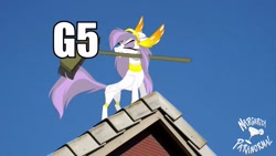 Size: 800x450 | Tagged: safe, artist:shawn keller, edit, edited screencap, screencap, oc, oc only, oc:athena (shawn keller), pegasus, pony, g5, 60 fps, behaving like a dog, broom, concave belly, cute, female, head shake, irl, loop, mare, mouth hold, photo, rooftop, slender, solo, thin