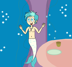 Size: 1609x1492 | Tagged: safe, artist:ocean lover, terramar, human, merboy, merman, g4, season 8, surf and/or turf, belly button, bubble, chest, cup, dish, humanized, jewelry, male, mermaidized, mermanized, necklace, plate, scene interpretation, seaweed, species swap, support beam, table, tail, underwater, vine
