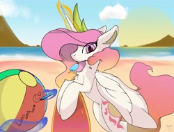 Size: 3600x2738 | Tagged: safe, artist:therealf1rebird, princess celestia, alicorn, pony, g4, beach, beach ball, food, high res, horn, ice cream, implied princess luna, looking at you, solo, sun, wings