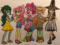 Size: 1024x778 | Tagged: safe, artist:bozzerkazooers, fluttershy, pinkie pie, wallflower blush, equestria girls, equestria girls series, g4, spring breakdown, spoiler:eqg series (season 2), barrette, clothes, crossover, cruise outfit, dress, feet, flower, flower in hair, geode of fauna, geode of sugar bombs, glasses, hat, holding hands, magical geodes, michelangelo, open-toed shoes, sandals, straw hat, teenage mutant ninja turtles, toes