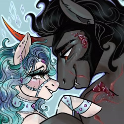 Size: 2048x2048 | Tagged: safe, artist:bvnnydolls, king sombra, oc, oc:marina, pegasus, pony, umbrum, unicorn, g4, canon x oc, fangs, female, high res, jewelry, looking at each other, male, mare, shipping, stallion, straight