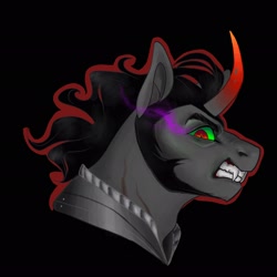 Size: 2048x2048 | Tagged: safe, artist:bvnnydolls, king sombra, pony, umbrum, unicorn, g4, black background, fangs, high res, looking at you, male, missing accessory, scar, simple background, snarling, solo, stallion