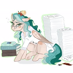 Size: 2048x2048 | Tagged: safe, artist:bvnnydolls, oc, oc only, oc:marina, crab, pegasus, pony, book, clothes, female, glasses, hermit crab, high res, looking at you, mare, quill pen, simple background, solo, white background