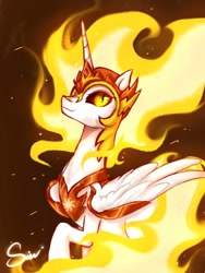 Size: 768x1024 | Tagged: safe, artist:midna77, daybreaker, alicorn, pony, g4, colored pupils, crown, female, fire, flowing mane, helmet, horn, jewelry, looking at you, mane of fire, regalia, signature, simple background, smiling, solo, wings, yellow eyes